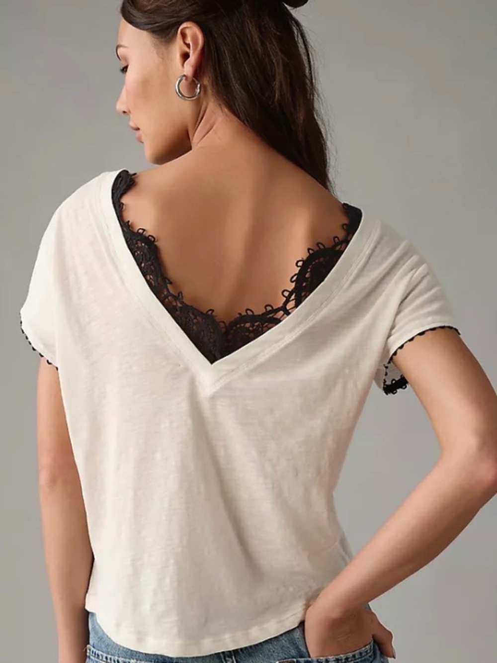 Anthropologie Cream Short Sleeve V-Back Tee with Black Lace Detail
